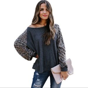 Gray Leopard Ribbed Long Sleeve Top
